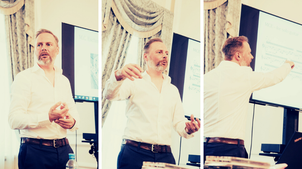Three images of composer Bryn Harrison speaking in Russia